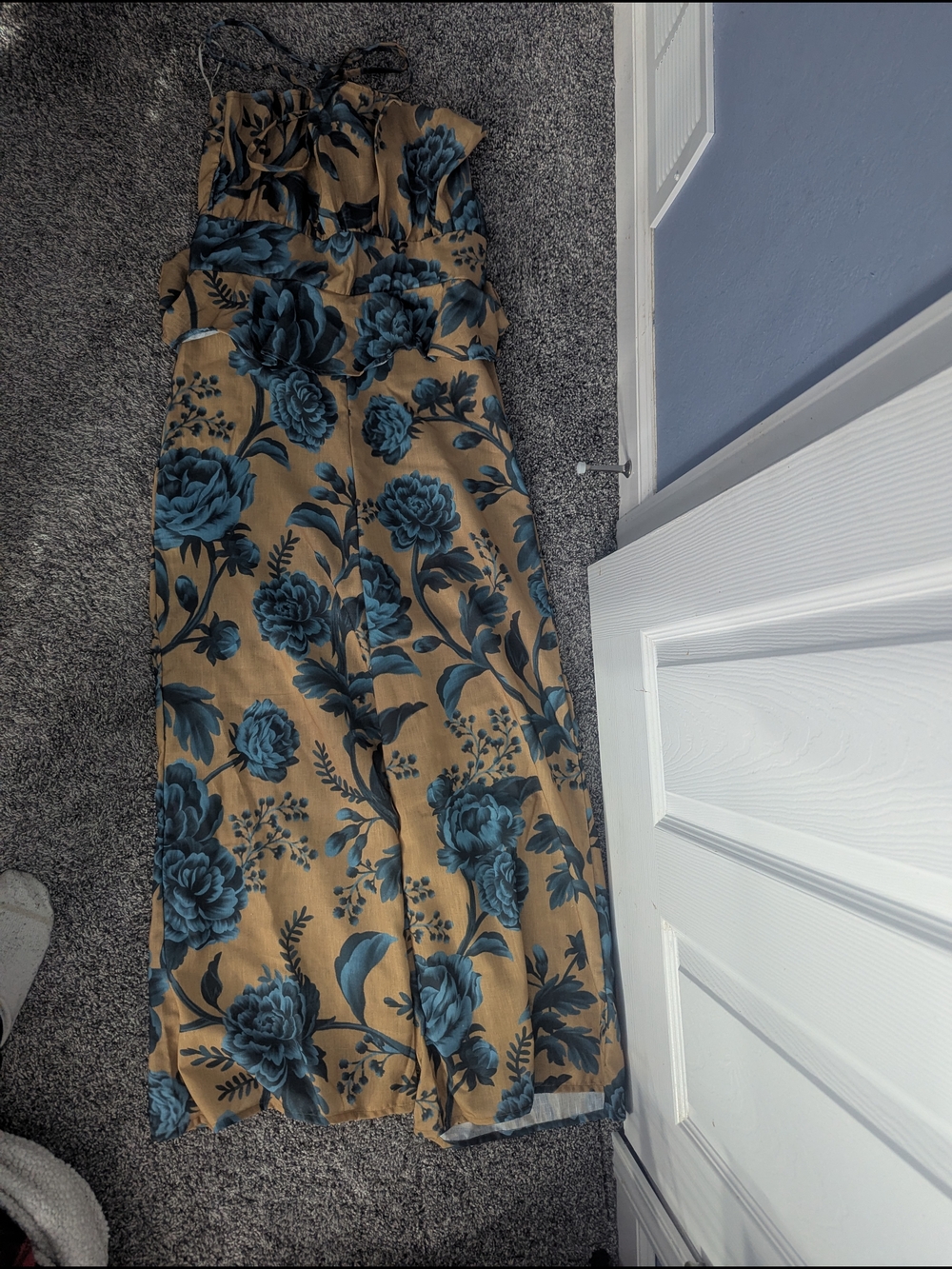 Anthropologie Tan Jumpsuit with Blue Floral Print